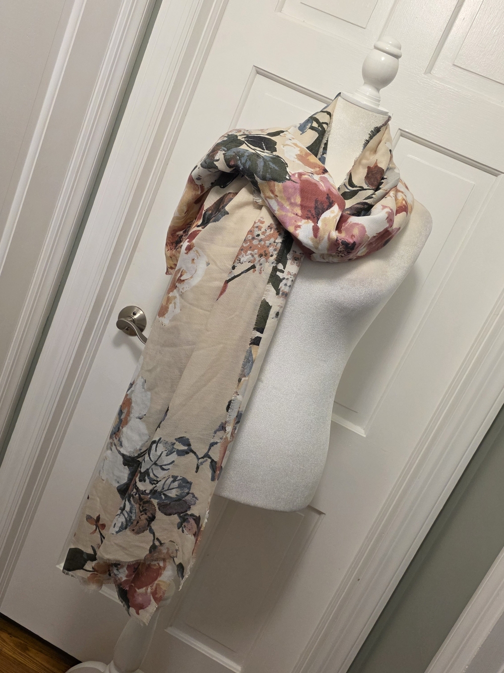 Nine West Beige Floral Wrap Scarf with Pink & Green Accents